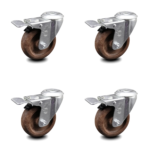 4 Inch High Temp Glass Filled Nylon Bolt Hole Caster Set with Total Lock Brake